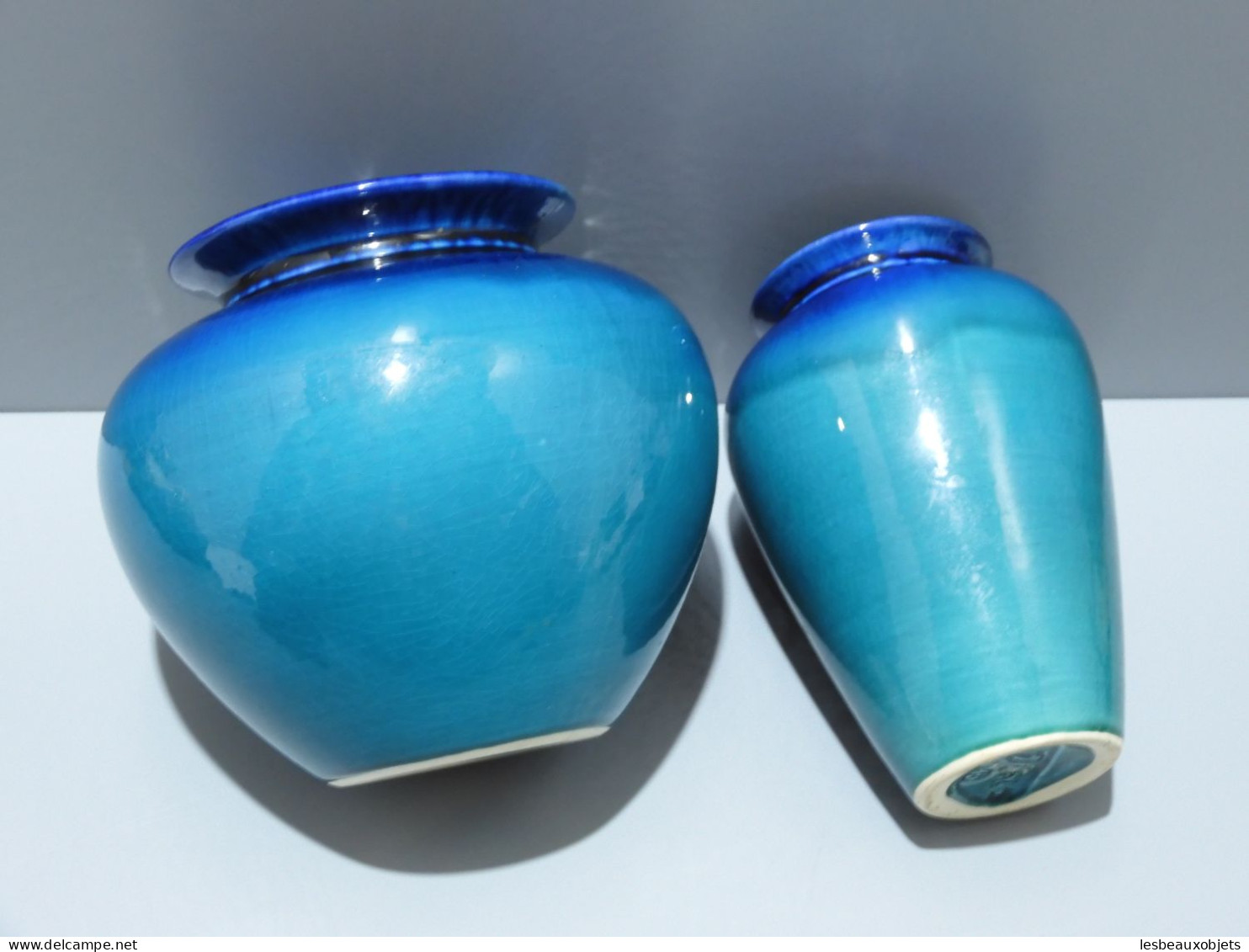 -2 VASES CERAMIQUE VINTAGE 1970 signés DINIS PORTUGAL Dégradé de vert & bleu   E