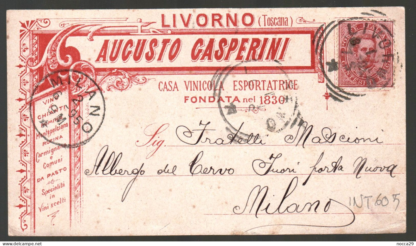 CARTOLINA INTESTATA - 1895 - LIVORNO - CASA VINICOLA GASPERINI - AGRICOLTURA -  VINI - UVA - ACCESSORI (INT605) - Marchands