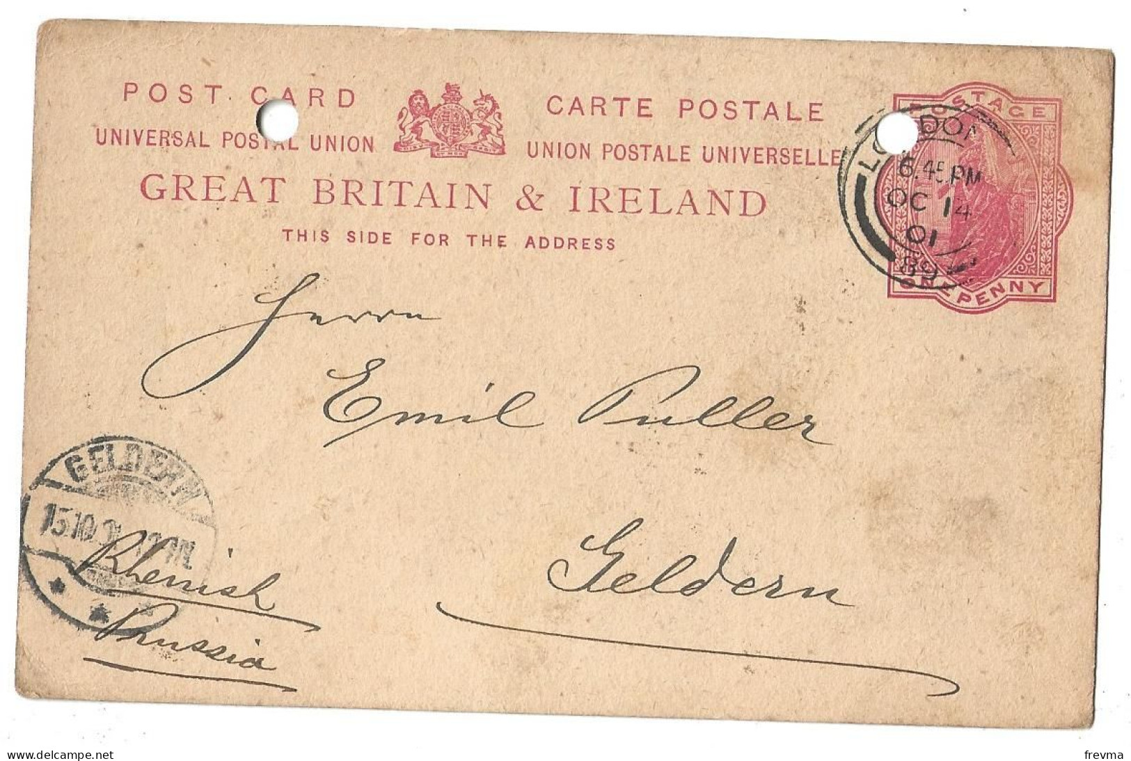 Entier Postaux Irlande Obliteration Gelderne Obliteration London 1901 - Enteros Postales