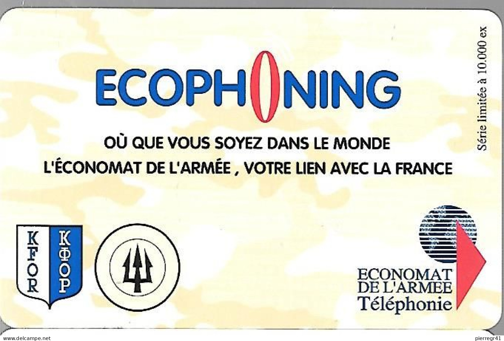 CARTE-PREPAYEE-MILITAIRE- ECOPHONING-DIVISION TRIDANT-BEIGE JAUNE PALE-10000Ex-TBE -  Cartes à Usage Militaire