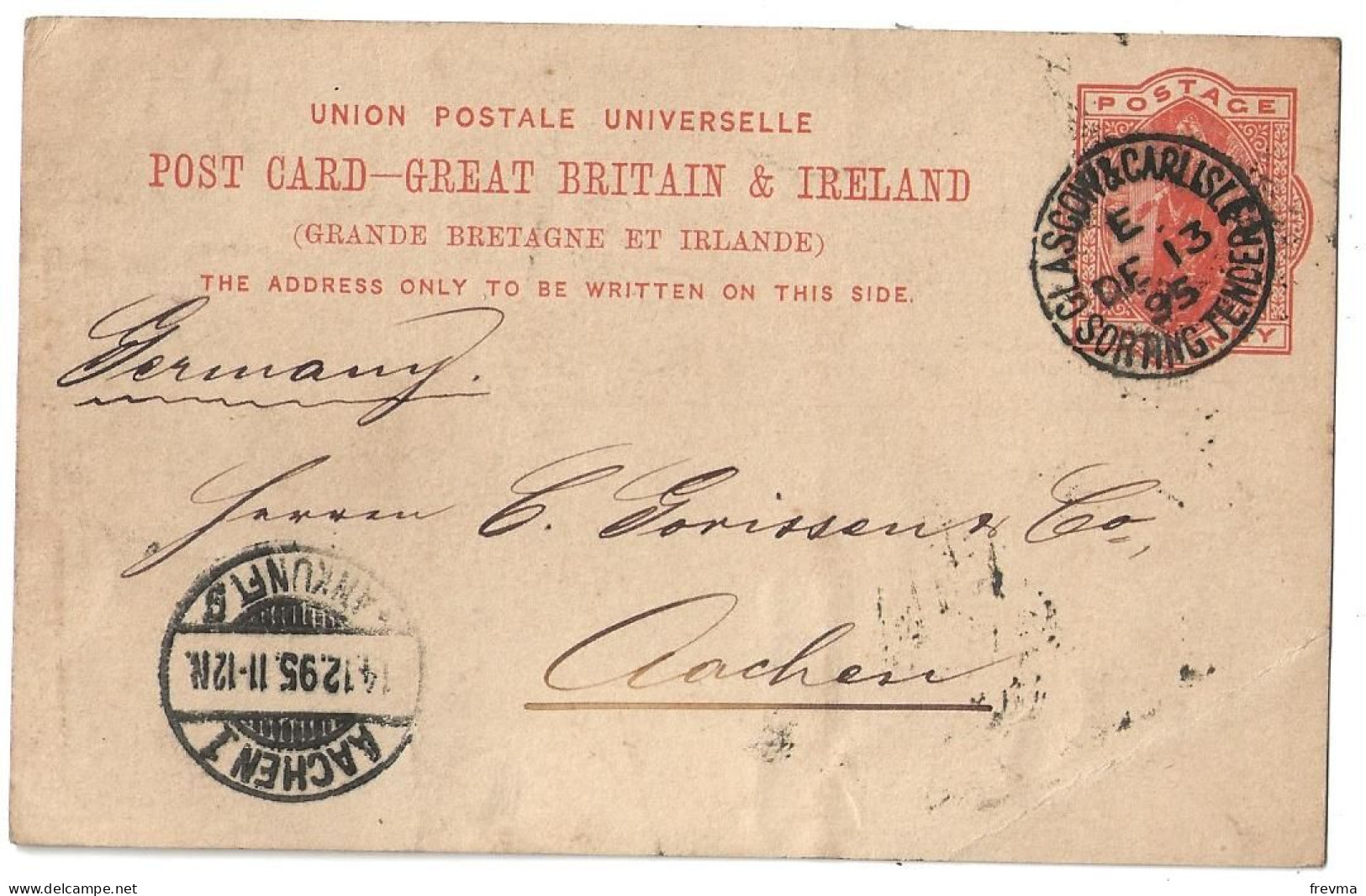 Entier Postaux Irlande Obliteration Aachen Obliteration Glasgow&Carlisle Sorangtencer 1895 - Entiers Postaux