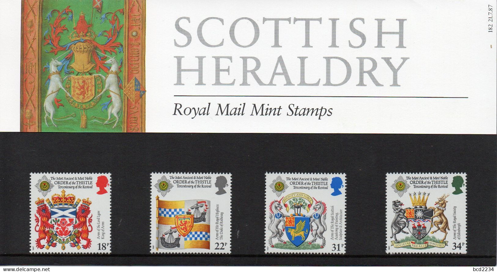 GB GREAT BRITAIN 1987 SCOTTISH HERALDRY 800TH ANNIVERSARY ORDER OF THE THISTLE PRESENTATION PACK No 182 +ALL INSERTS - Presentation Packs