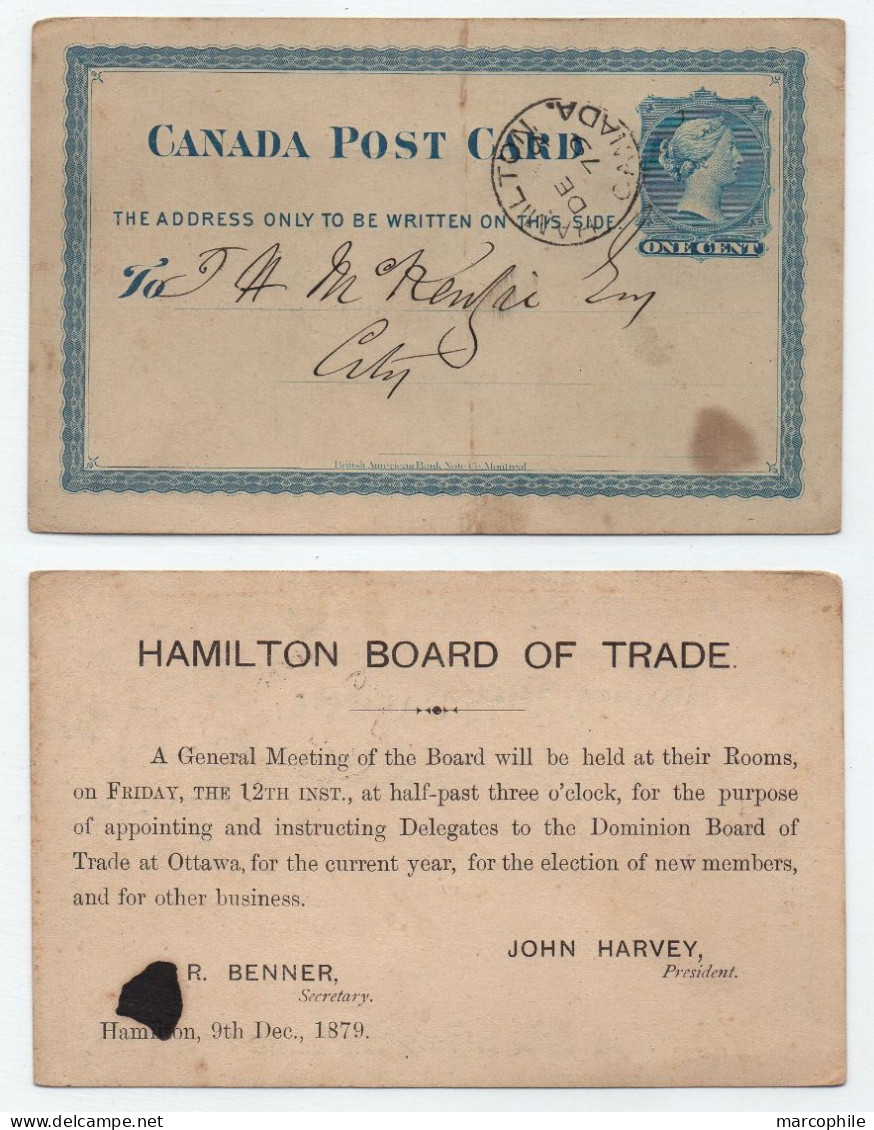 CANADA -  HAMILTON - QV  / 1879 ENTIER POSTAL REPIQUE - BOARD OF TRADE  ==> LOCAL (ref 8608g) - 1860-1899 Règne De Victoria