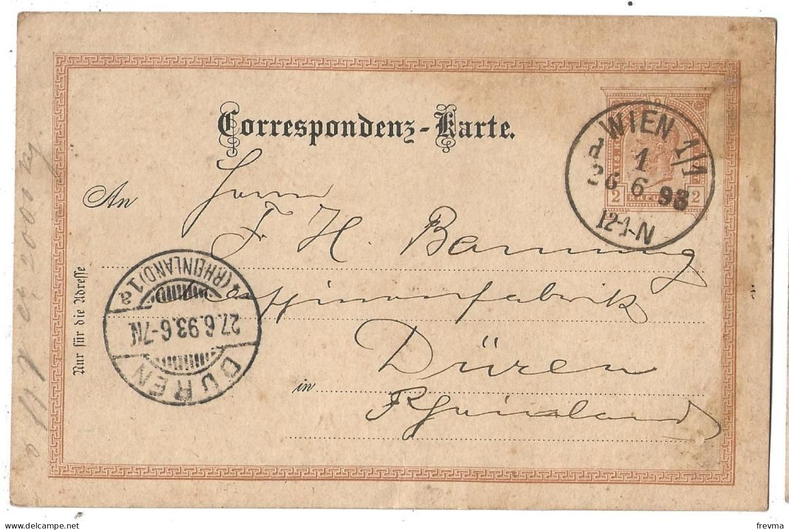 Entier Postaux Autriche Obliteration Duren Obliteration Wien 1898 - Kartenbriefe
