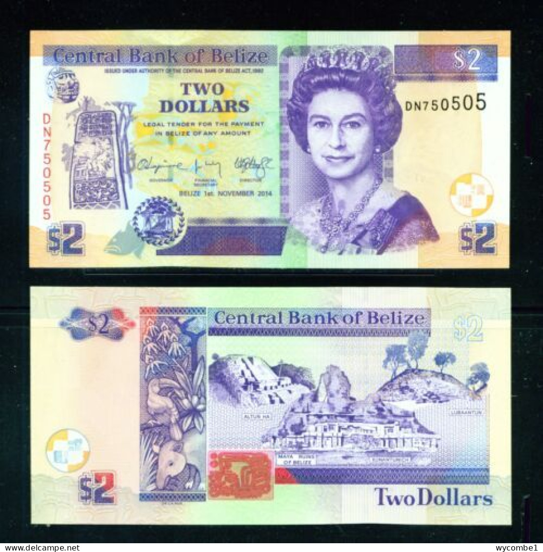 BELIZE -  2014 2 Dollars UNC Banknote - Belize