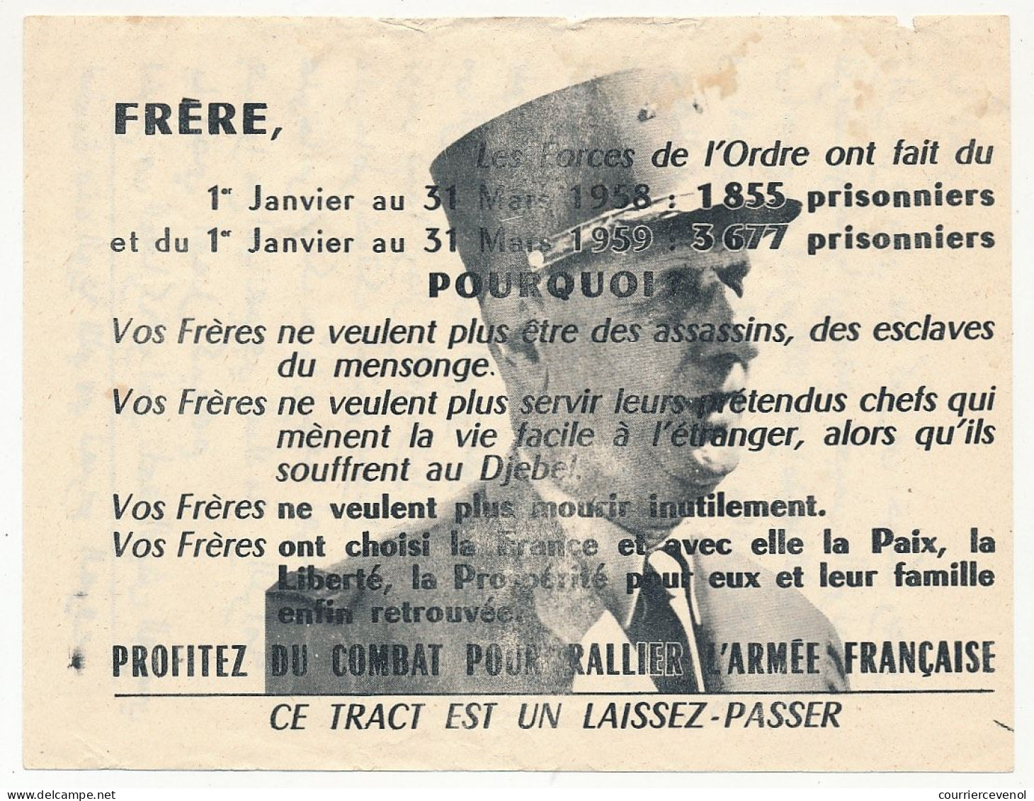 FRANCE / ALGERIE - Tract Gaulliste "Frère, ... Profitez Du Combat Pour Rallier L'Armée Française" (Laissez-passer) - Documents