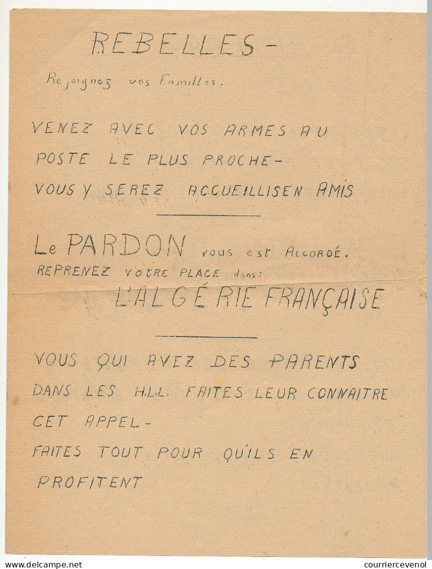 FRANCE / ALGERIE - Tract "Algérie Française" 21cm X 27cm Ronéoté, Artisanal. "Rebelles, Rejoignez Vos Familles..." - Documenten