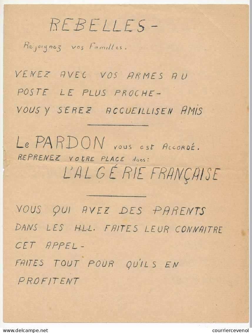 FRANCE / ALGERIE - Tract "Algérie Française" 21cm X 27cm Ronéoté, Artisanal. "Rebelles, Rejoignez Vos Familles..." - Documentos