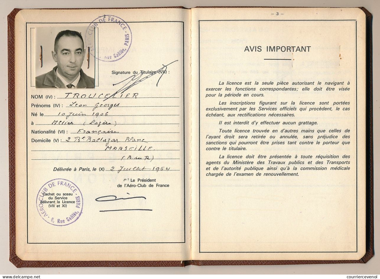 FRANCE - AVIATION - Licence De Pilote Privé D'Avion / Aéroclub De France, Paris, 1960 - Andere & Zonder Classificatie