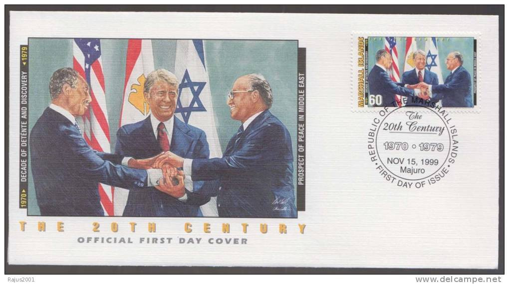 Jimmy Carter, Menachem Begin Of Israel And Sadat Of Egypt, Camp David Accord, Judaica, Nobel Prize, Marshall Islands FDC - Judaisme