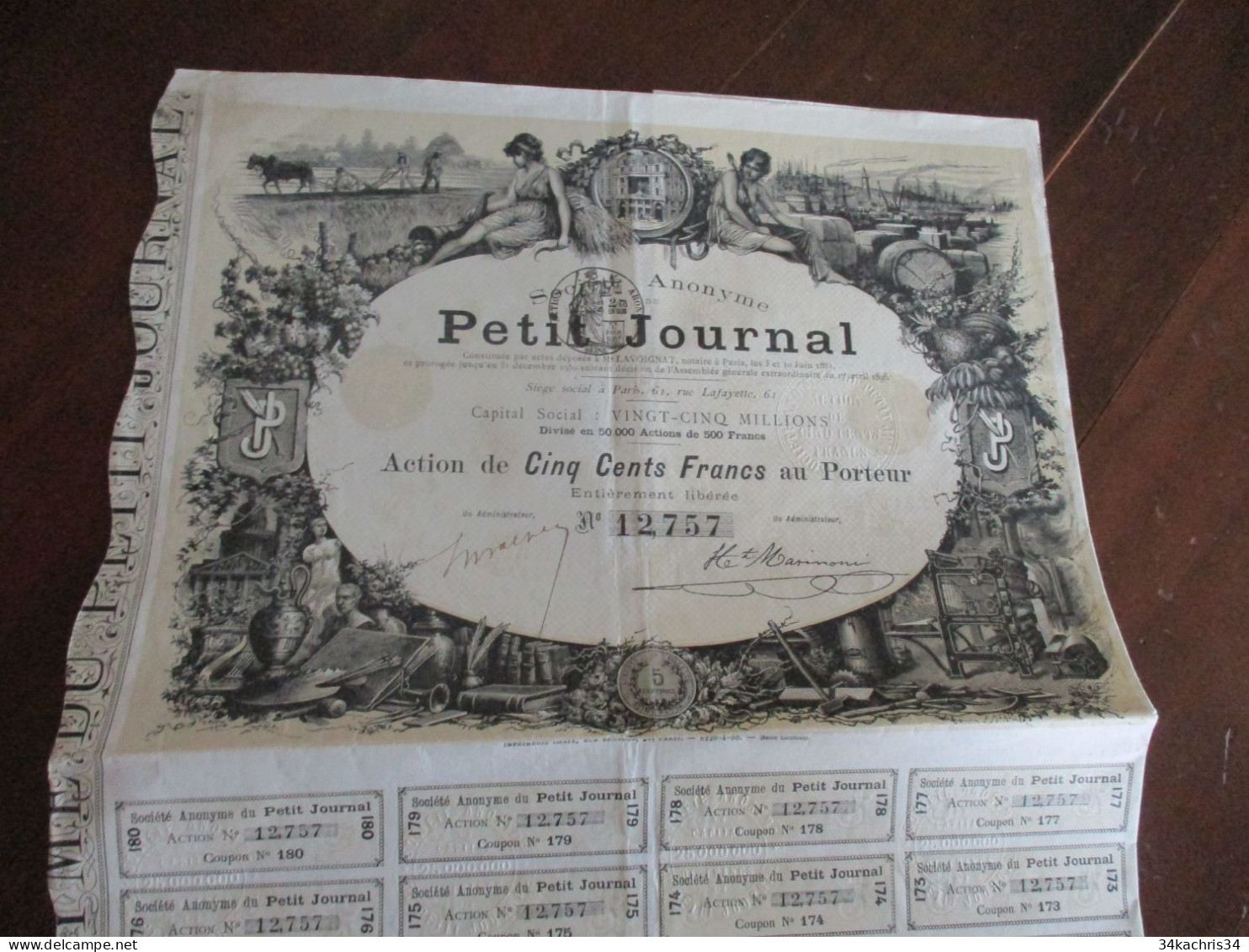 M45  Action 500 Francs Au Porteur Petit Journal Illustrée Agriculture Colonies Métiers Bateau..... - Autres & Non Classés