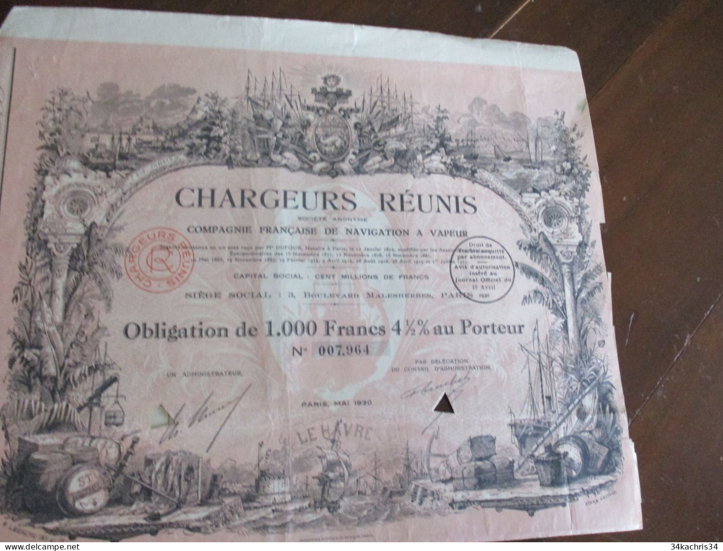 M45  Action 1 000 Francs Au Porteur Chargeurs Réunis Commerce Maritime  Colonies Monde Brésil...illustrée - Schiffahrt