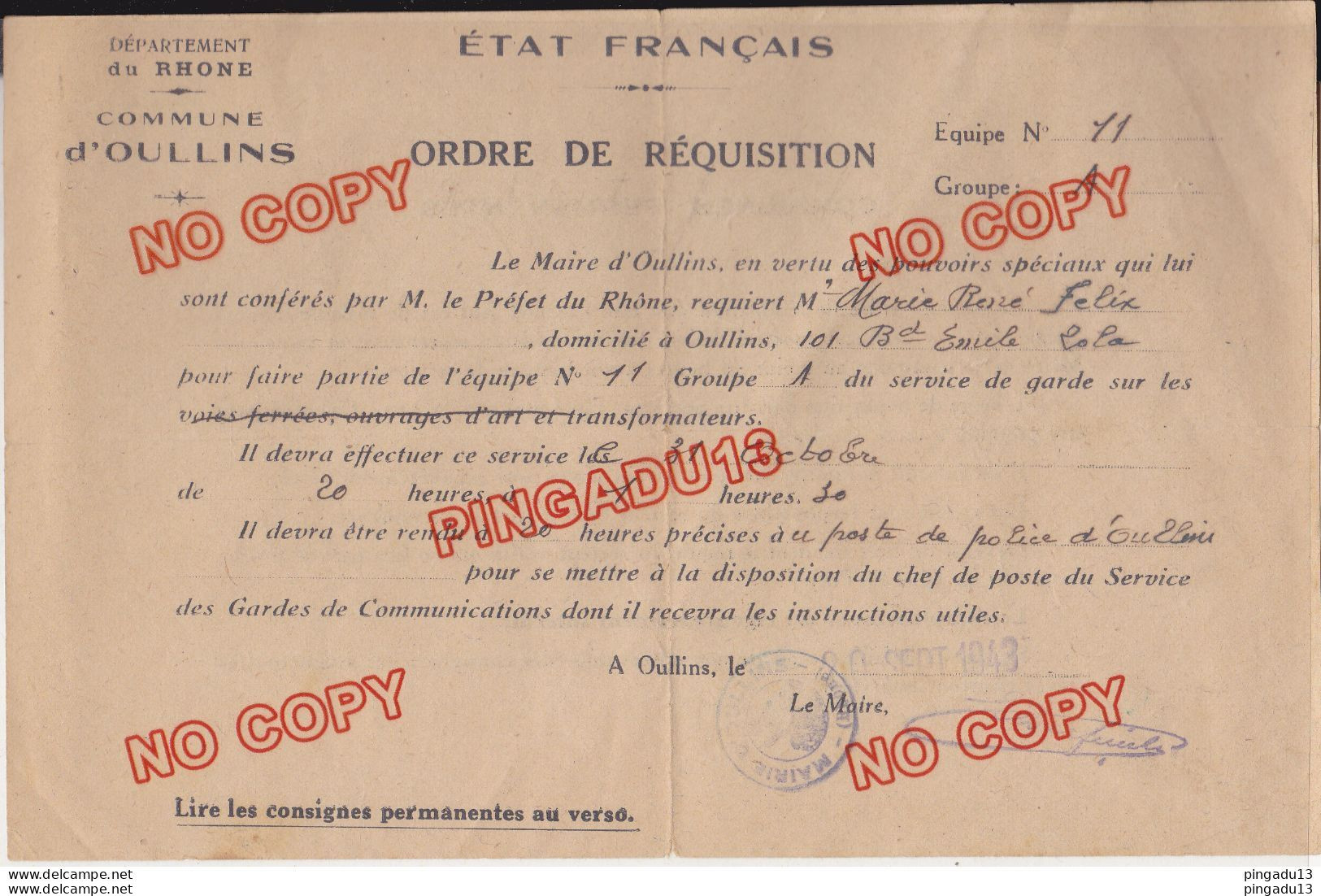 Au Plus Rapide France Etat Français WW2 Oullins Rhône Ordre De Réquisition Transformateurs 31 Octobre 1943 - 1939-45
