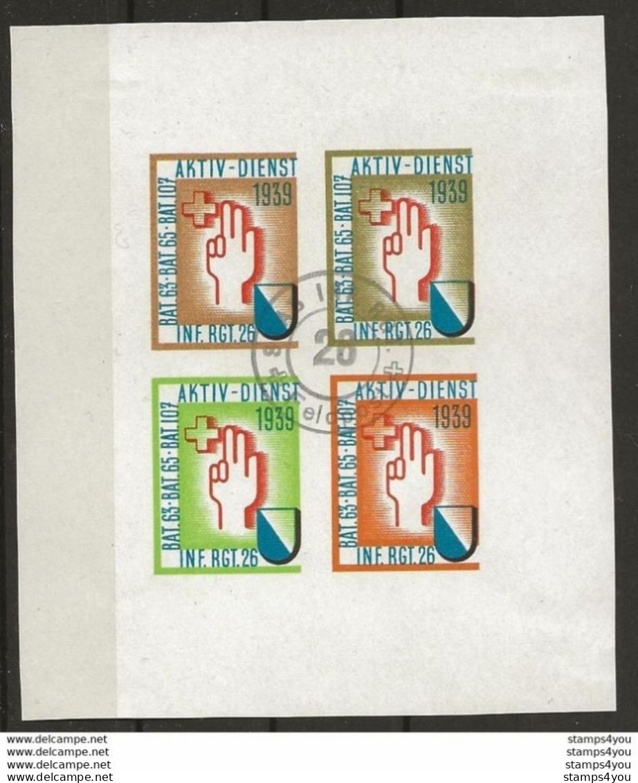 406 - 7 - Feuillet De 4 Timbres Non-dentelés - Bat. 63 Bat 65 Bat 107 Inf. Rgt 26 - Aktivdienst 1939 - Cachet Feldpost - Etichette