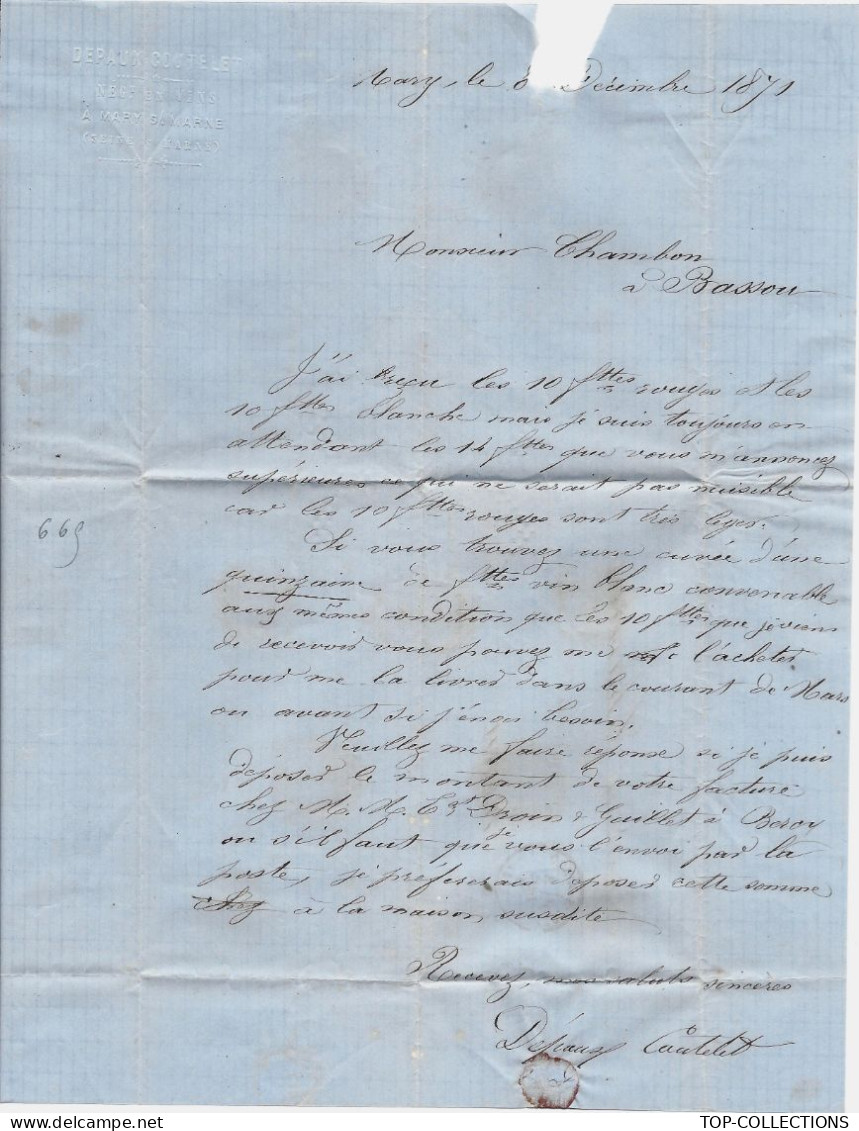 FUTAILLES De VIN 1871 LETTRE Par Depaux Coutelet à Mary S Marne Seine Et Marne Pour Chambon Comm. En Vin Bassou Yonne - 1800 – 1899