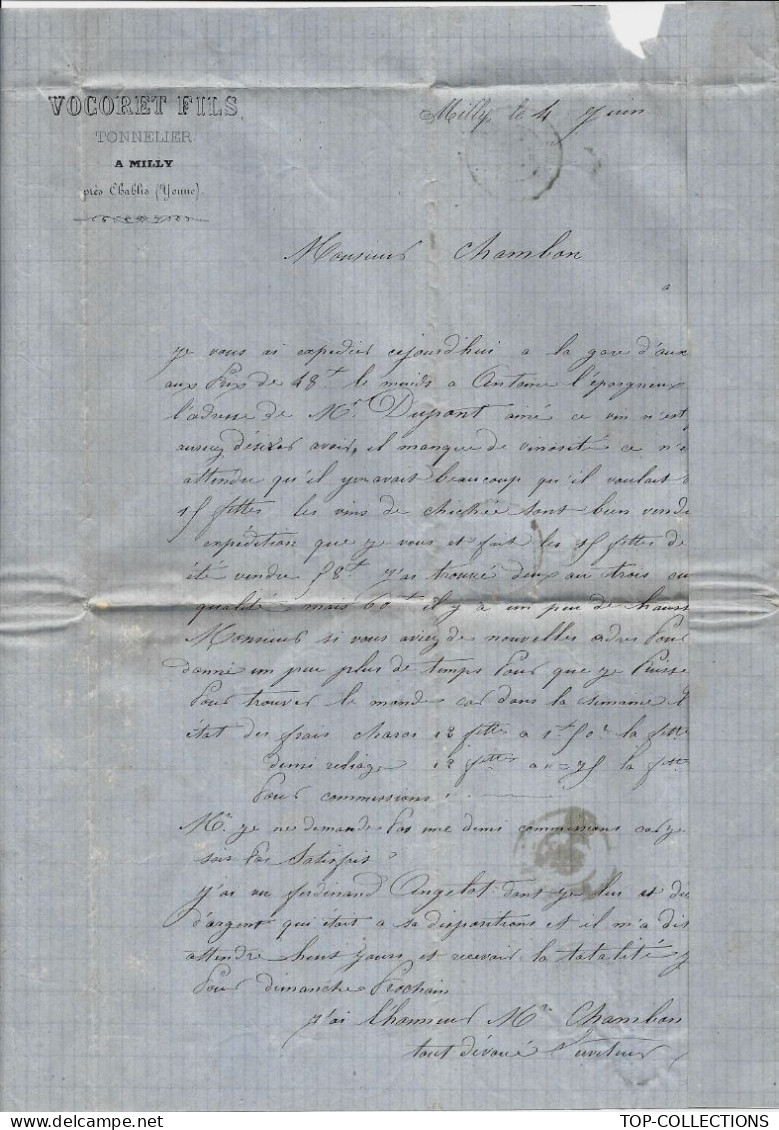 BOURGOGNE GRANDS VINS 1876 ENTETE Vocoret Tonnelier Milly Près Chablis Yonne => Chambon Commissionnaire En Vin à Bassou - 1800 – 1899