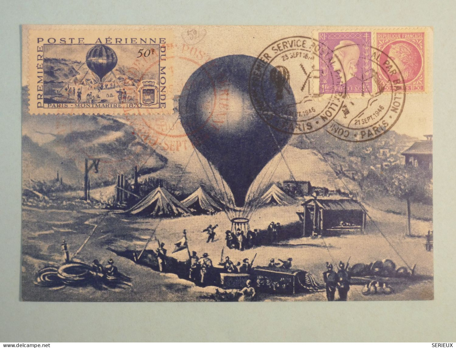 C FRANCE  BELLE CARTE 1ERE POSTE AERIENNE ++ ++1946   PARIS +VIGNETTE ++ BALLON MONTé++++AFF. INTERESSANT+++ - 1927-1959 Storia Postale