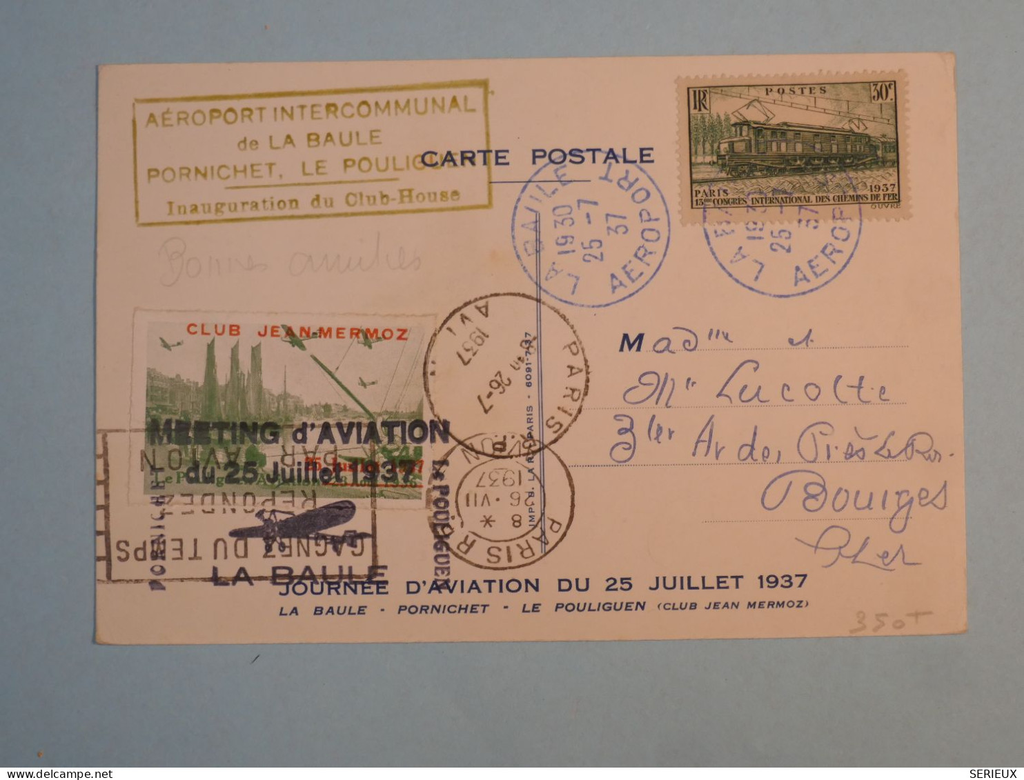 DB12 FRANCE  BELLE CARTE RR MEETING AERIEN LA BAULE ++ ++1937 A BOURGES+VIGNETTE MERMOZ +++++AFF. ROUGE INTERESSANT+++ - 1927-1959 Brieven & Documenten