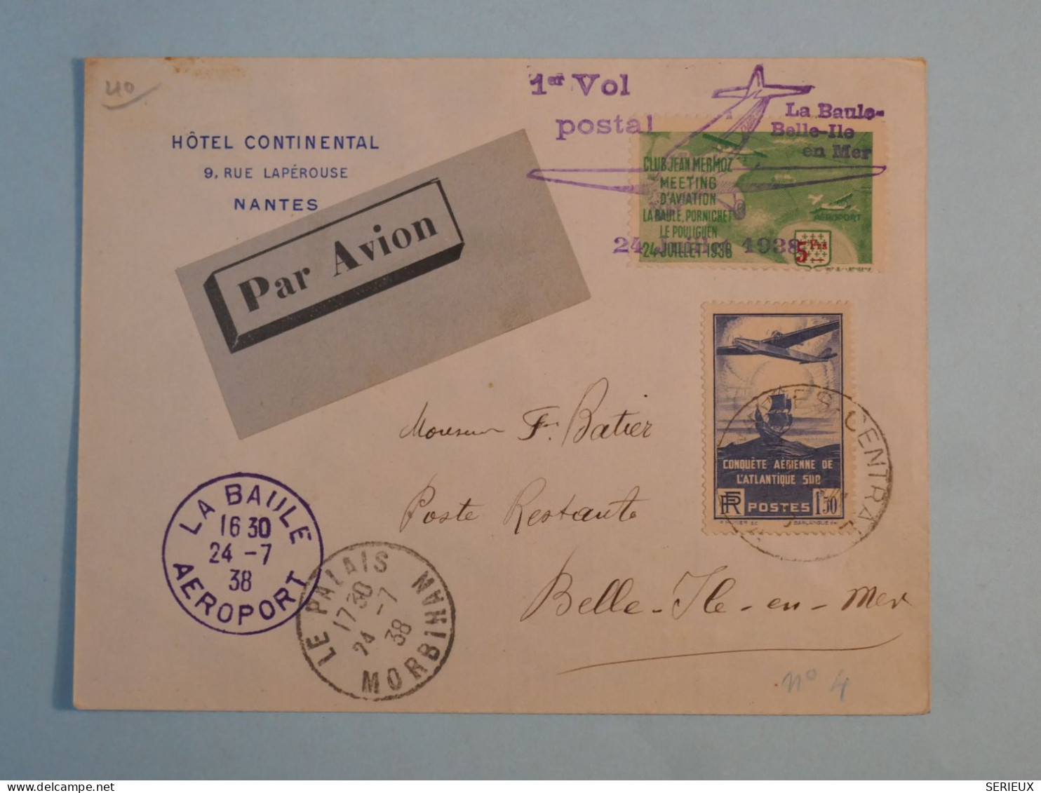 DB12 FRANCE  BELLE LETTRE  RR MEETING AERIEN LA BAULE ++ ++1938 HOTEL CONTINENTAL .A BELLE ILE++AFF. INTERESSANT+++ - 1927-1959 Cartas & Documentos