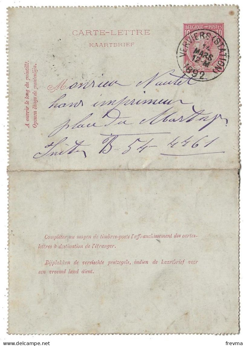 Entier Postaux Belgique Obliteration Verviers 1892 - Briefumschläge