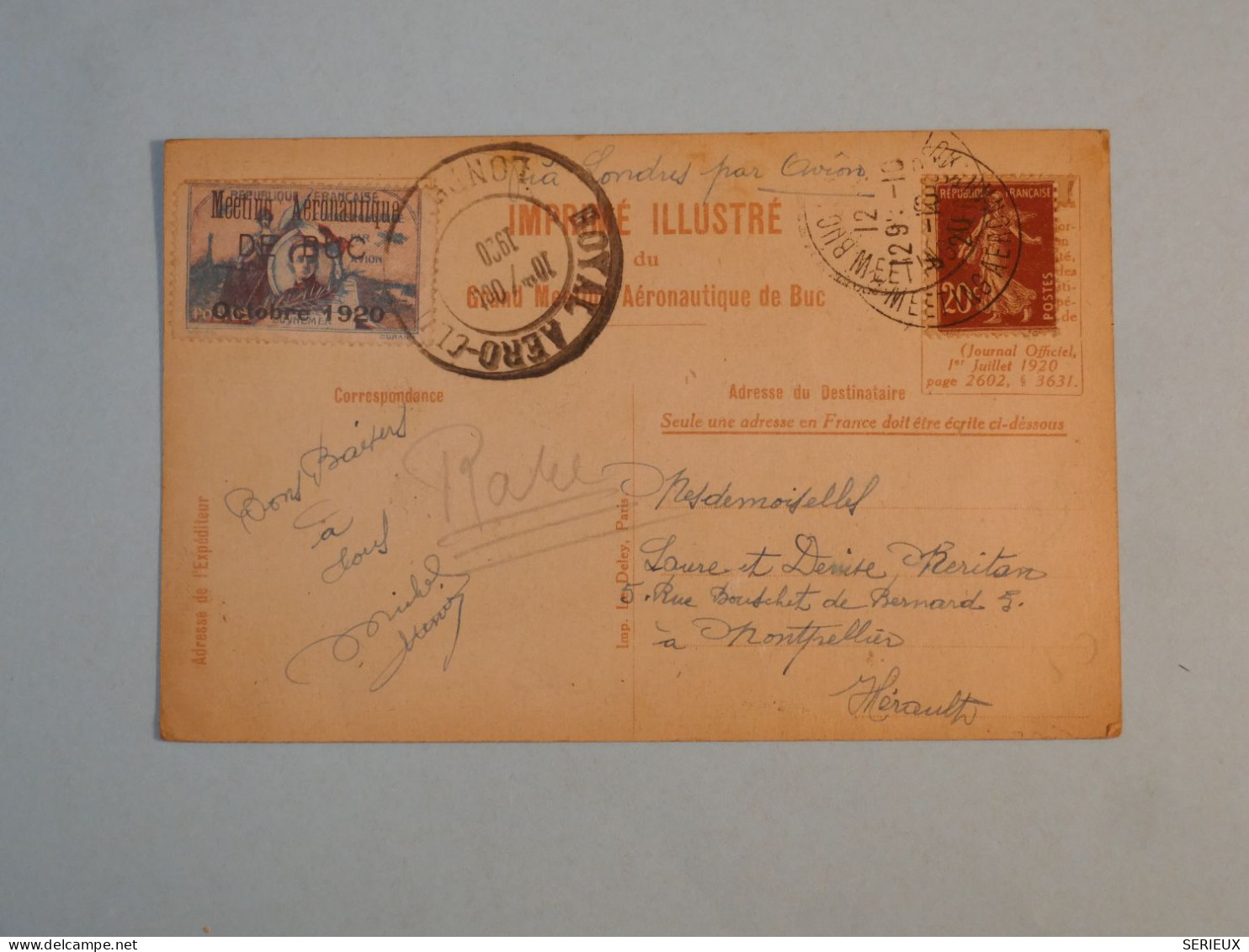 DB12 FRANCE  BELLE CARTE RARE MEETING AERIEN DE BUC ++++ 1920 A MONTPELLIER VIA LONDRES  +++AFF. INTERESSANT+++++ - Sonstige & Ohne Zuordnung