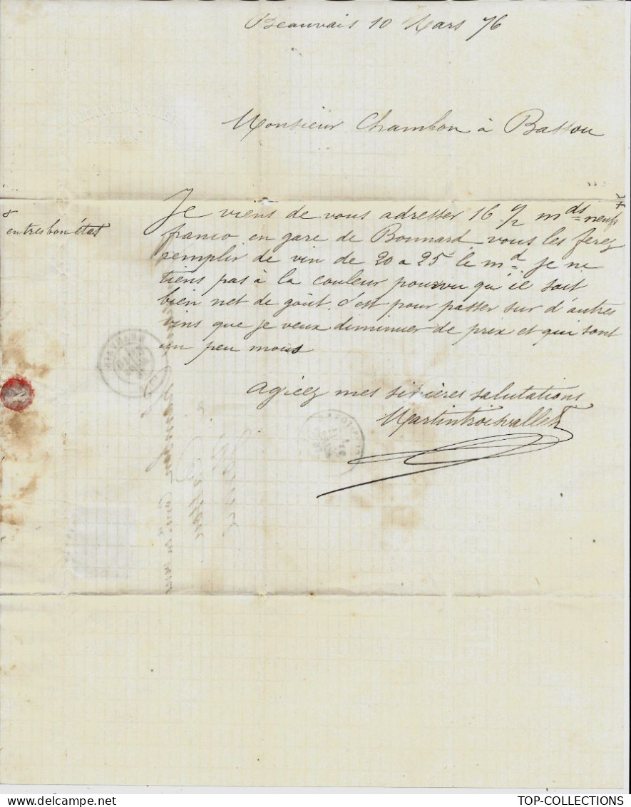 LETTRE  De Beauvais Oise Timbre Cérès Dentelé Oblit. Gros Ch. 404 => Chambon Bassou Yonne Vin Couleur Pourpre V.SCANS - 1800 – 1899