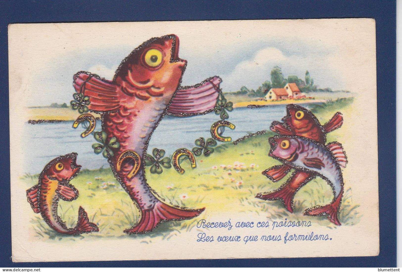 CPA 1 Euro Poisson Position Humaine Illustrateur écrite Prix De Départ 1 Euro Paillettes En Relief - Fish & Shellfish