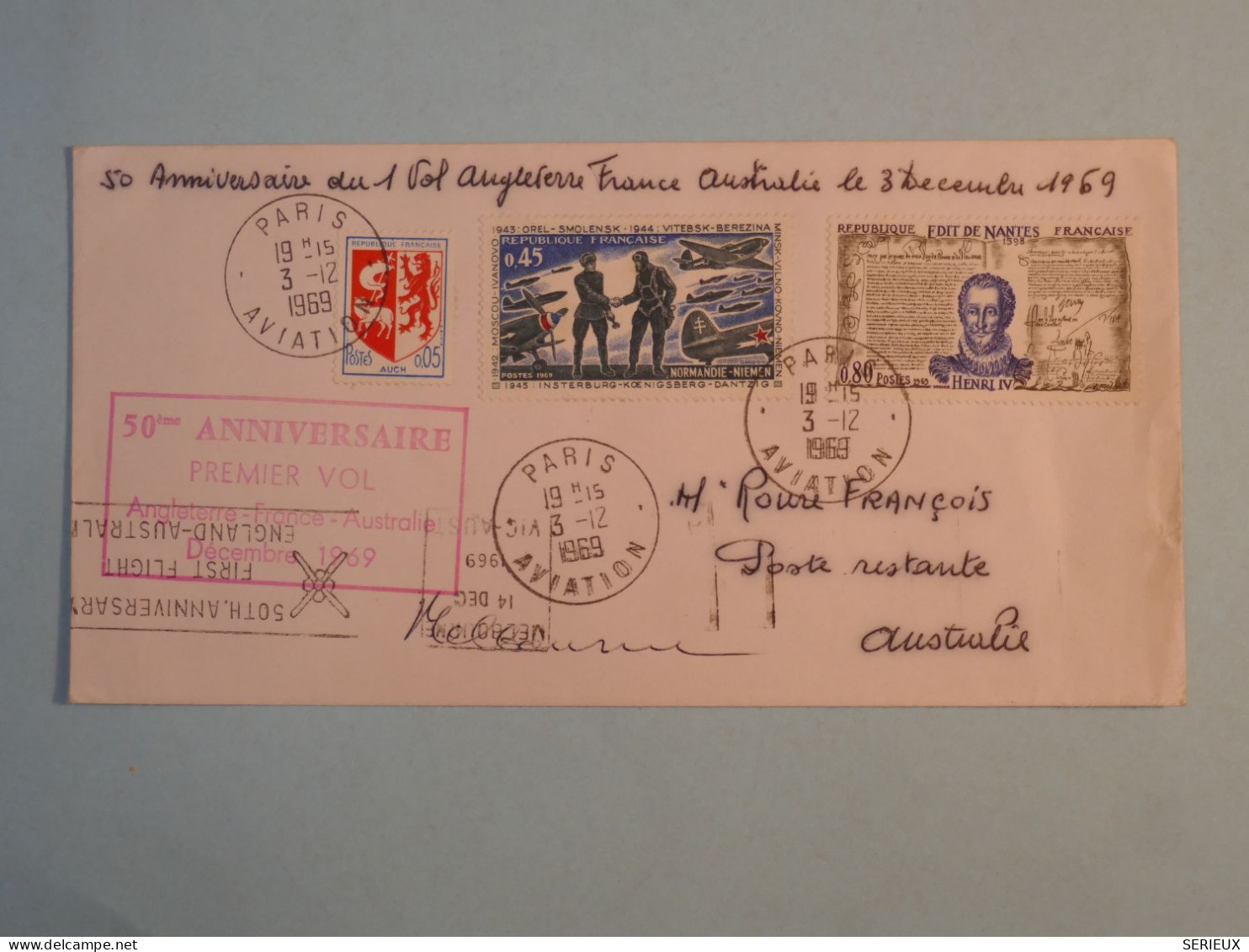 DB12 FRANCE  BELLE LETTRE FIRST FLY  ++ ANNIVERSAIRE ++1969  PARIS A MELBOURNE AUSTRALIA+++++AFF.  INTERESSANT+++ - 1960-.... Storia Postale