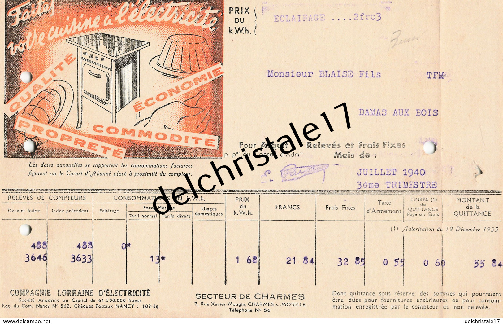 88 0092 CHARMES-SUR-MOSELLE VOSGES 1940 Cie Lorraine D'Électricité Publicité Cuisine à L'électricité à BLAISE - Elektriciteit En Gas