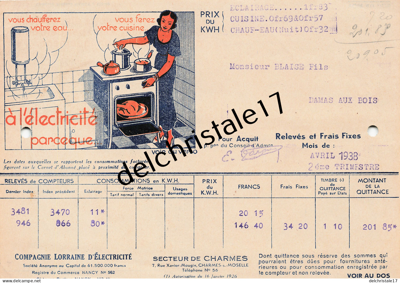 88 0091 CHARMES-SUR-MOSELLE VOSGES 1938 Cie Lorraine D'Électricité Publicité Appareils Électro-Domestiques à BLAISE - Elektriciteit En Gas