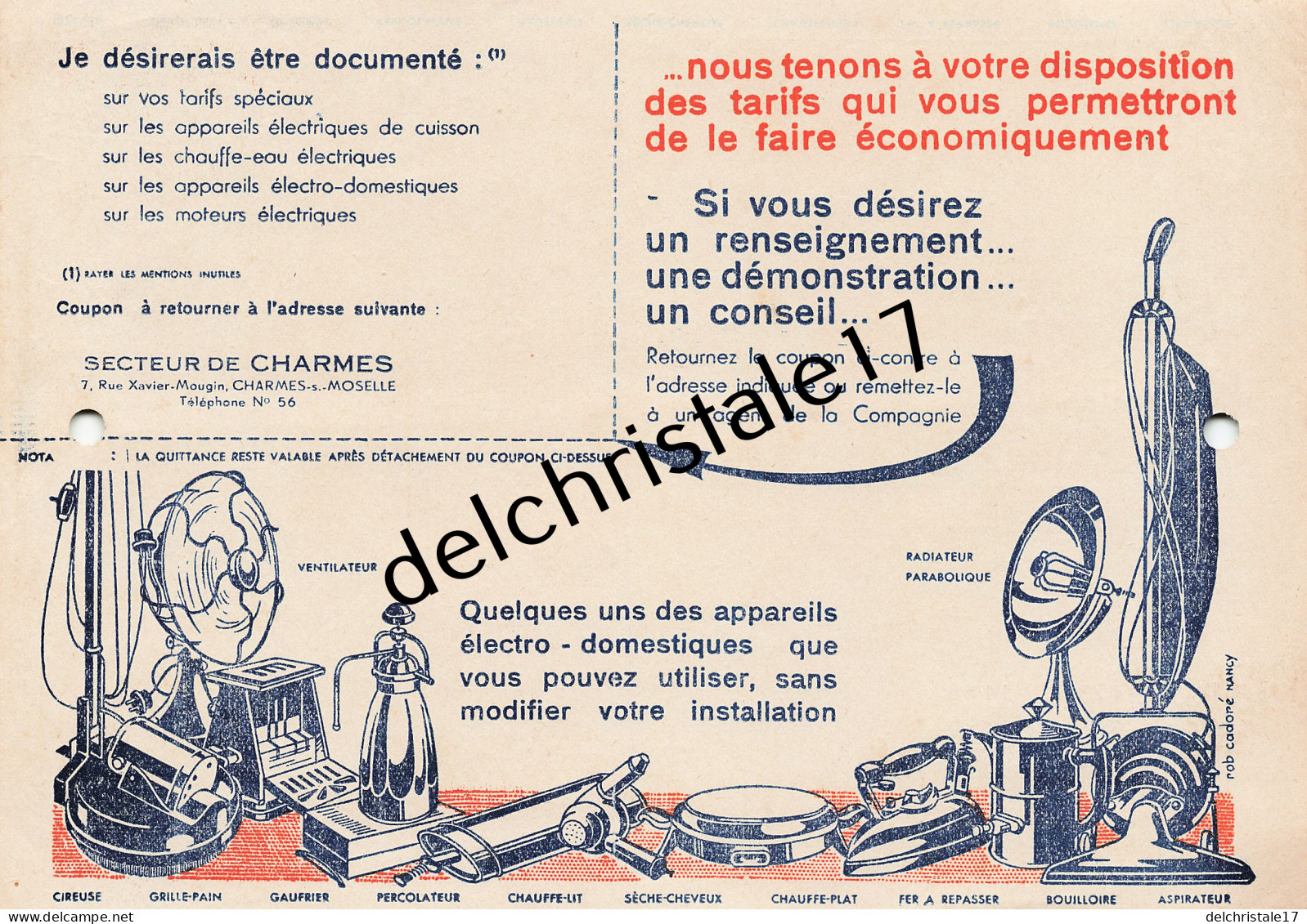 88 0091 CHARMES-SUR-MOSELLE VOSGES 1938 Cie Lorraine D'Électricité Publicité Appareils Électro-Domestiques à BLAISE - Elettricità & Gas