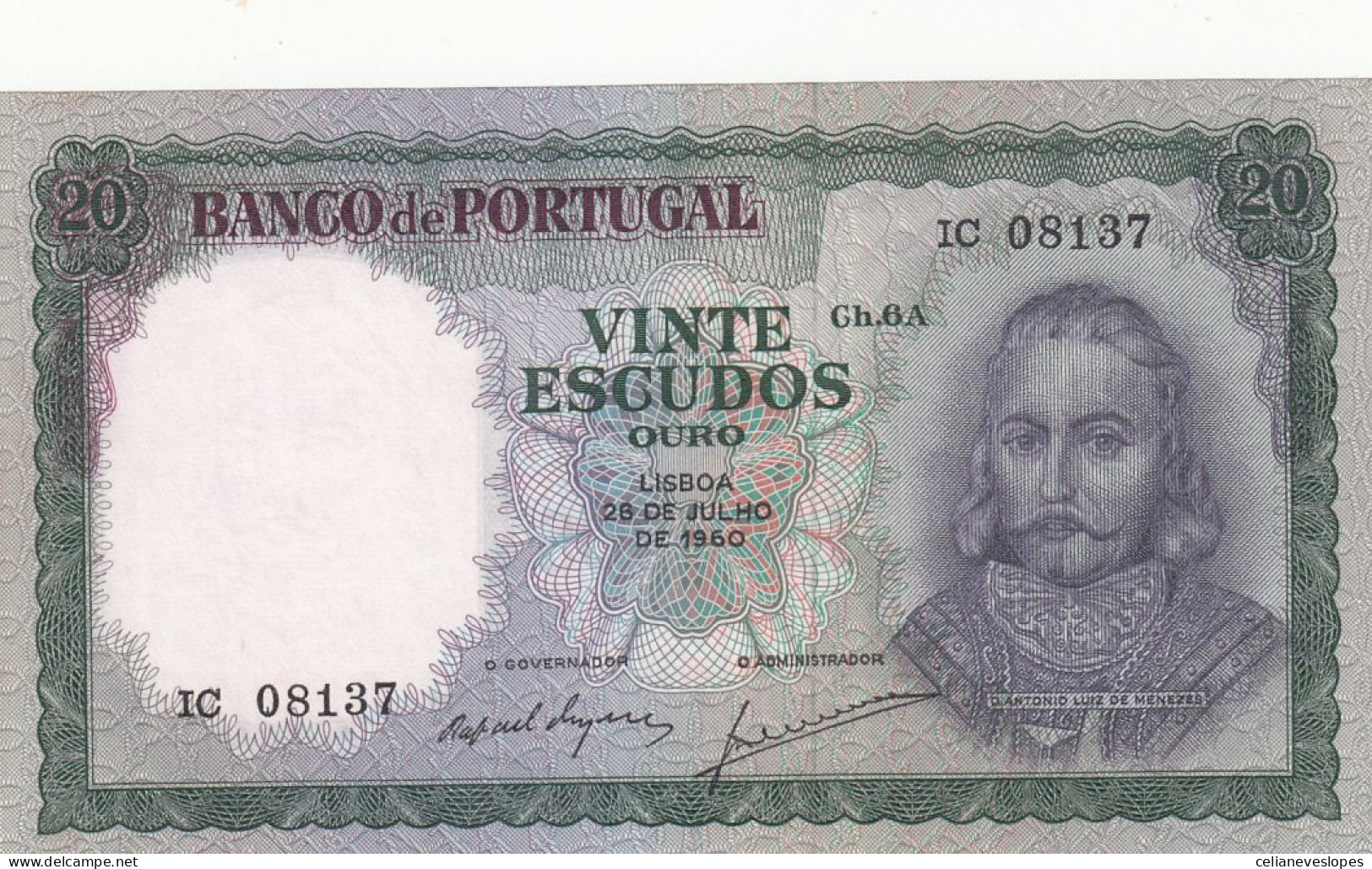 Portugal, Nota De Vinte Escudos De António Luiz De Meneses De 1960, UNC - Portugal