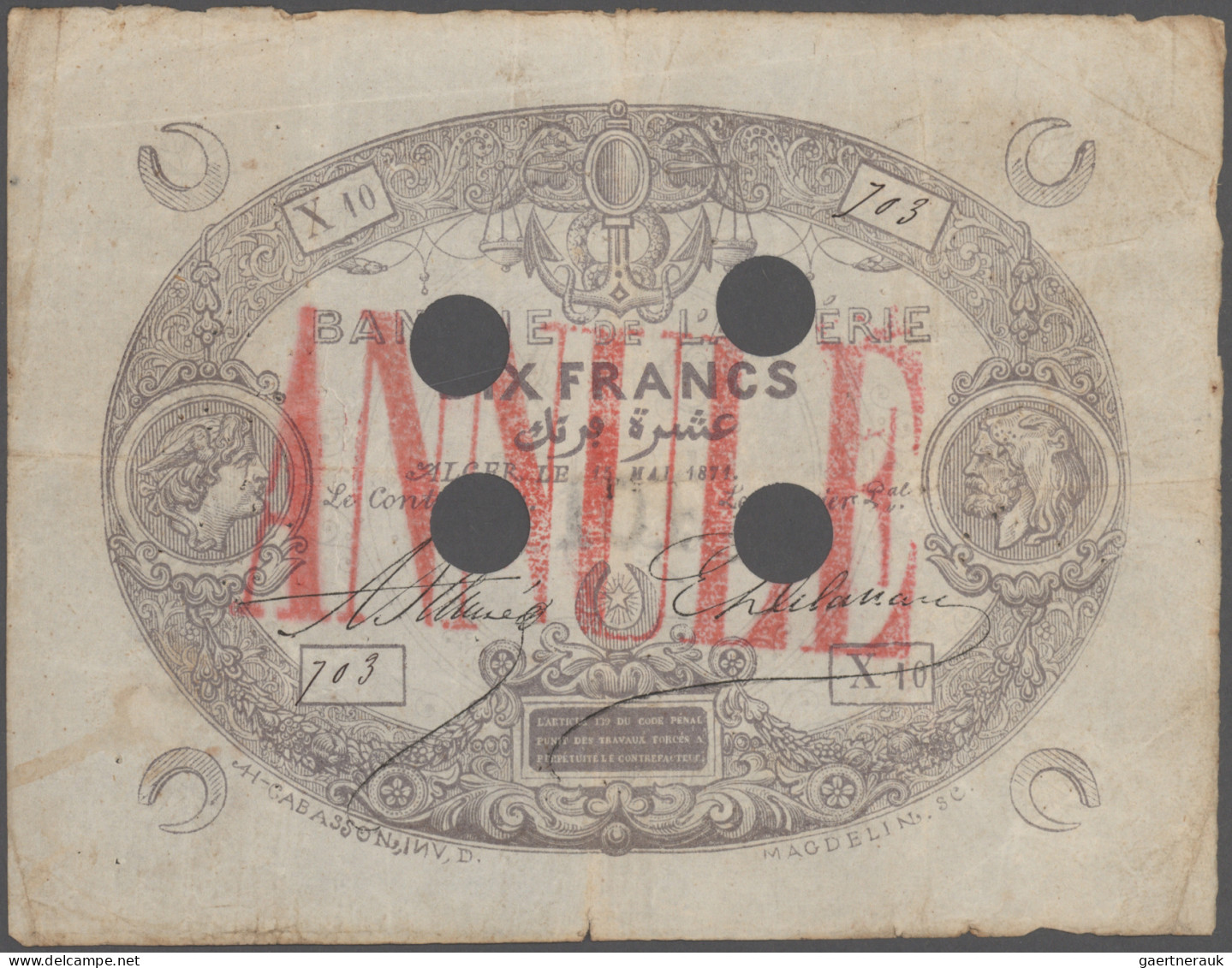 Algeria: Banque De L'Algérie, 10 Francs 15.5.1871, P.14, Cancelled With Overprin - Algérie