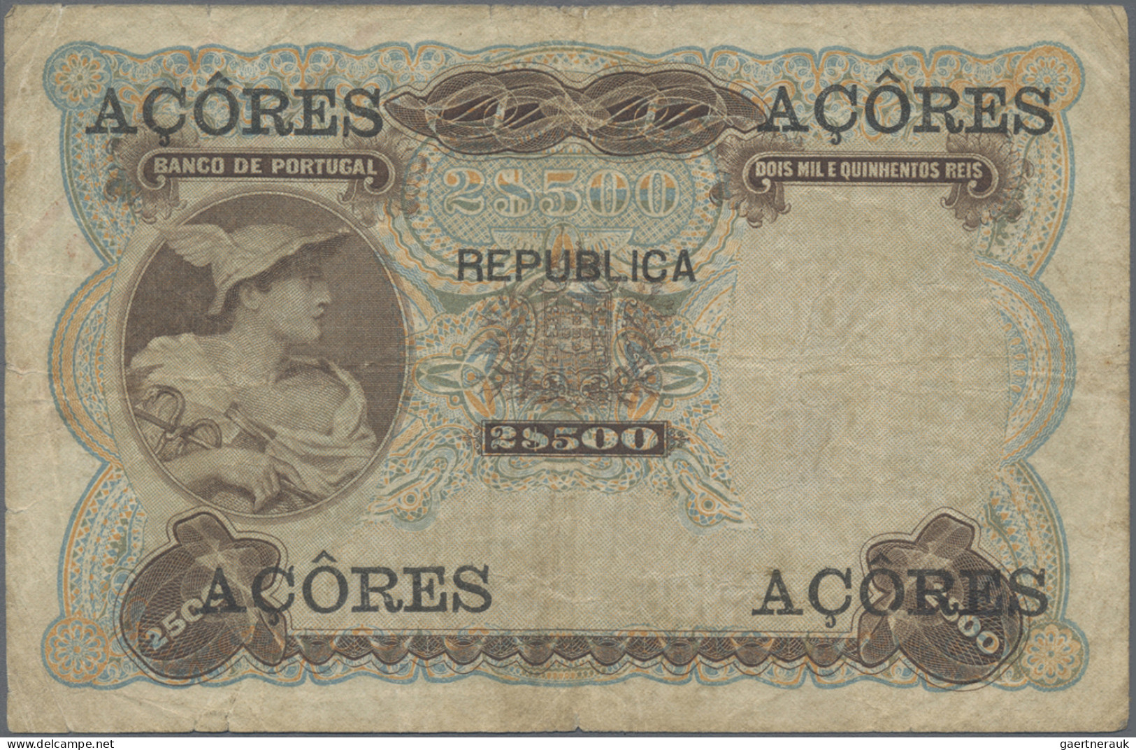 Azores: Banco De Portugal With Overprint "MOEDA INSULANA - AÇORES", 2500 Reis 30 - Portugal