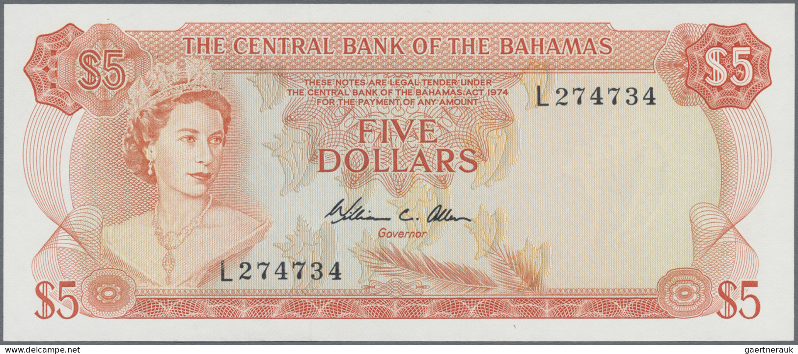 Bahamas: Central Bank Of The Bahamas, 5 Dollars L.1974 With Signature: W. C. All - Bahama's