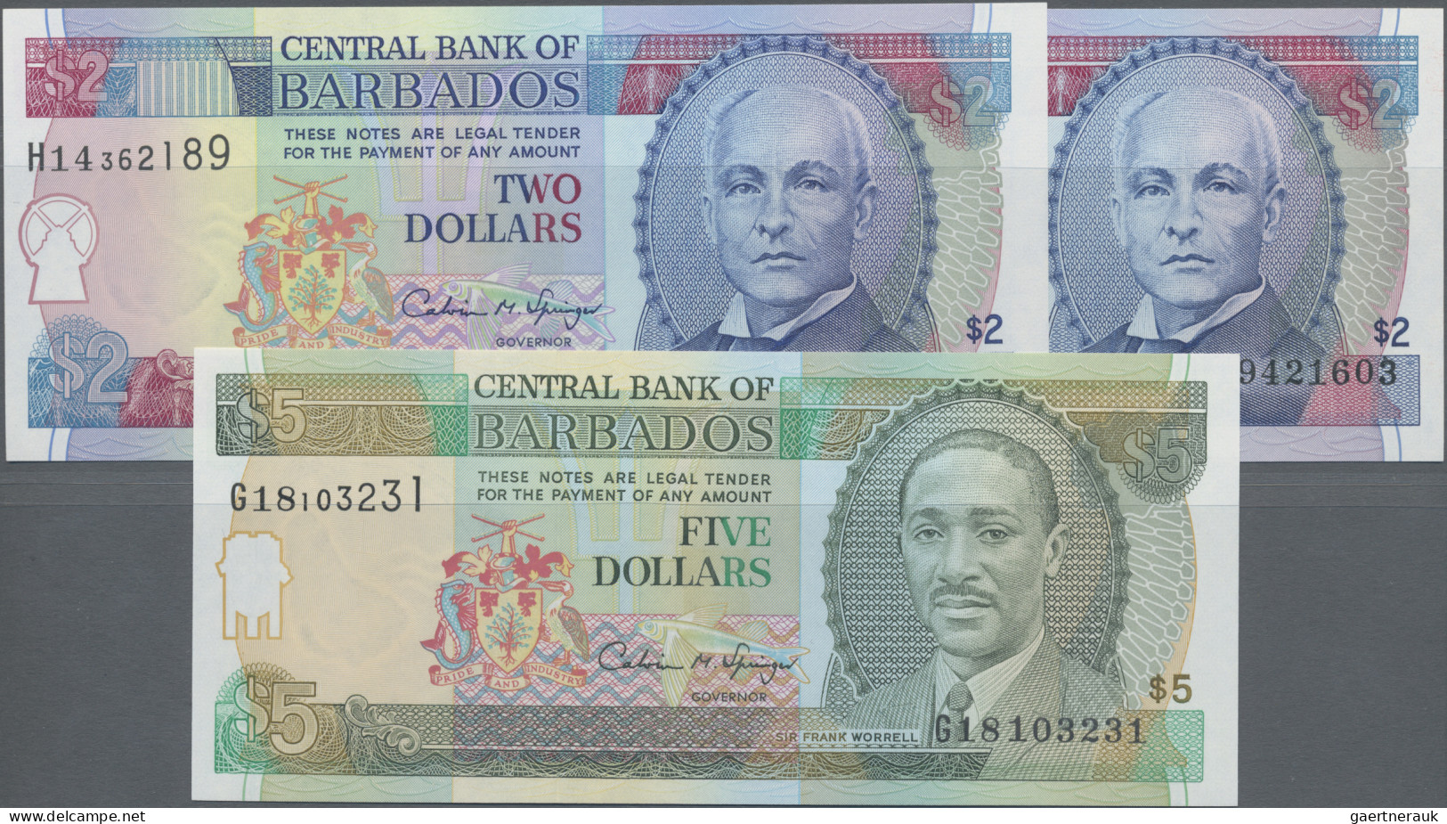Barbados: Central Bank Of Barbados, Lot With 5 Banknotes, ND(1995-2000) Series, - Barbados