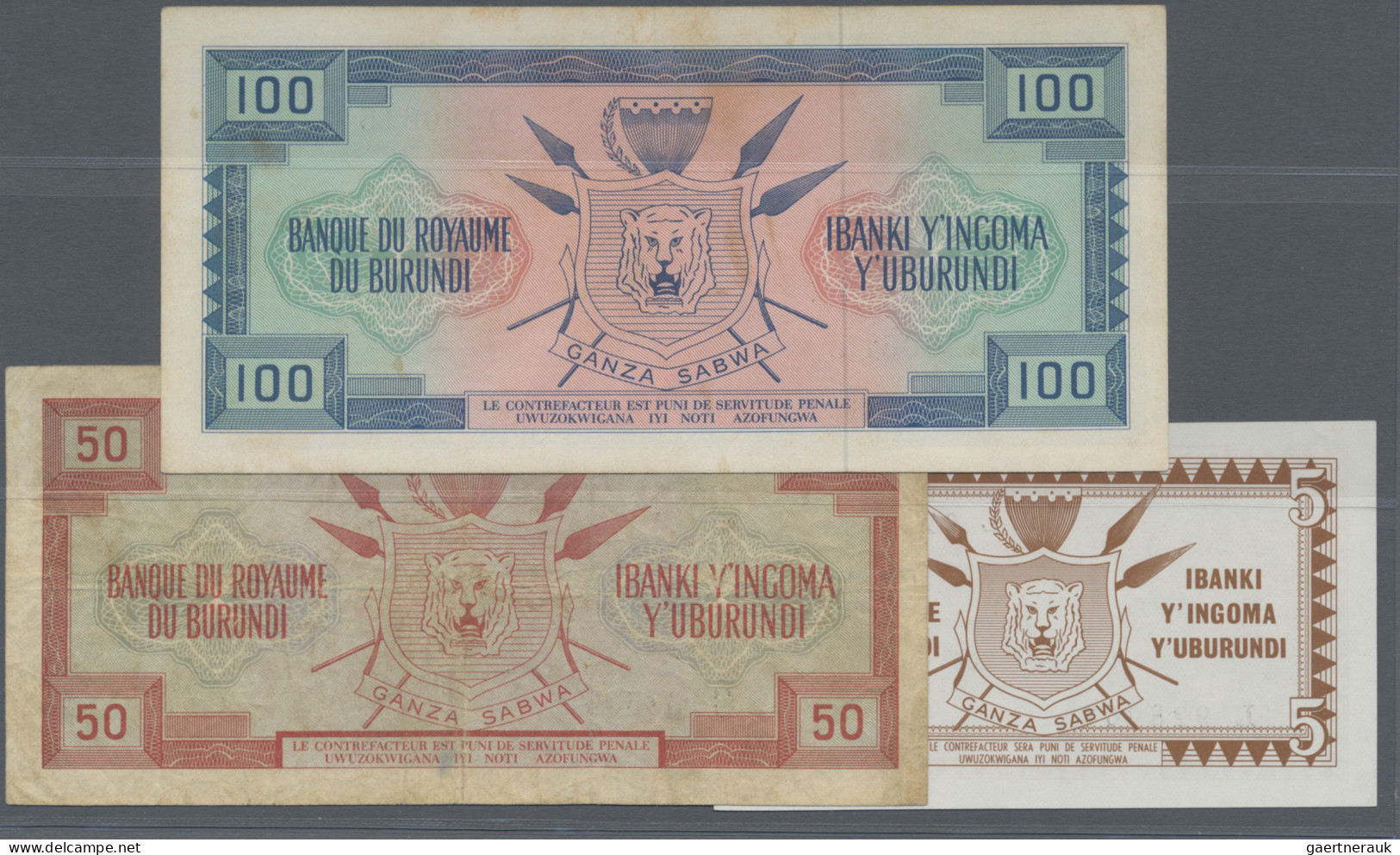 Burundi: Banque Du Royaume Du Burundi, Set With 3 Banknotes, Series 1964-1965, W - Burundi