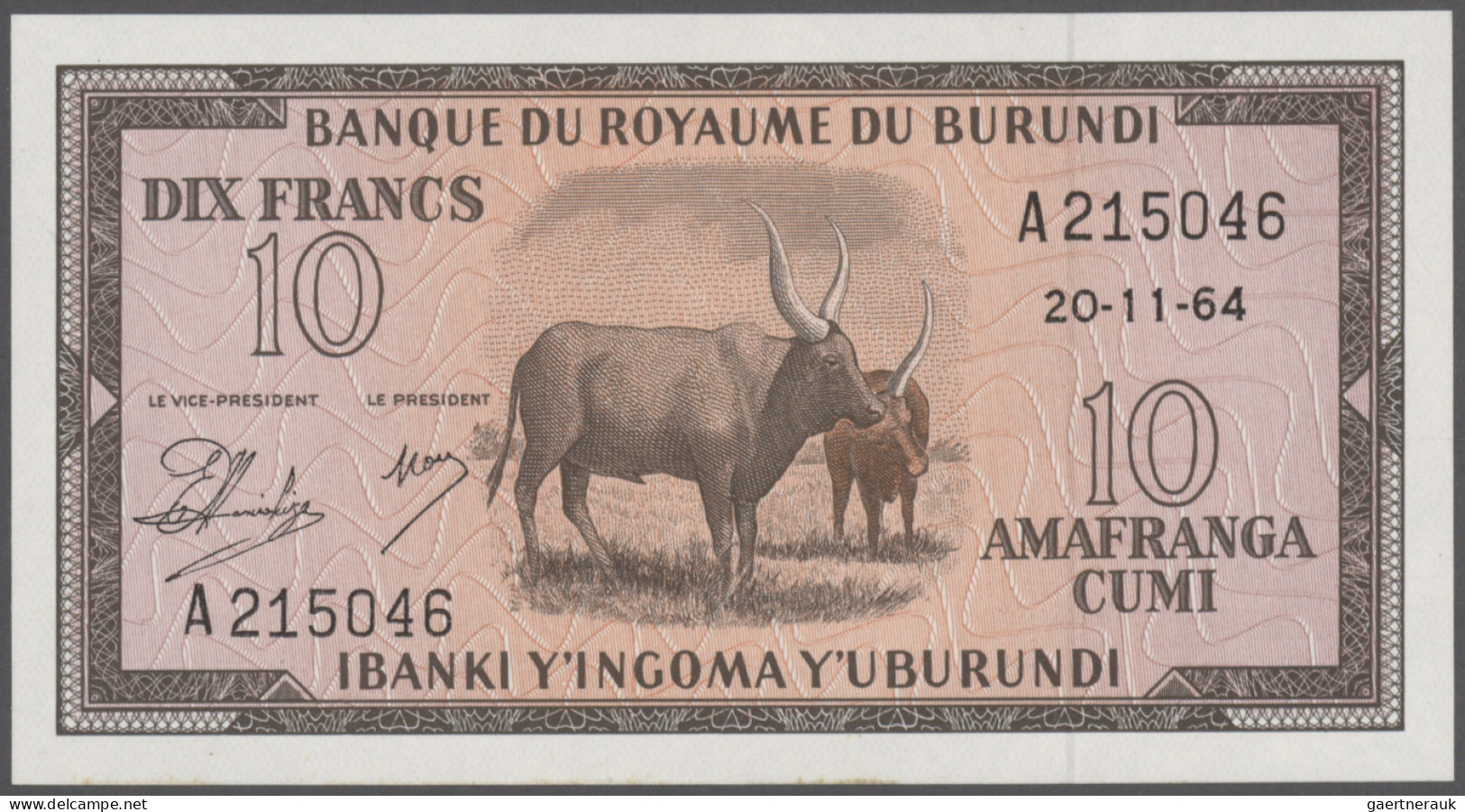 Burundi: Banque Du Royaume Du Burundi, 10 Francs 1964, P.9a, Tiny Dint Upper Rig - Burundi