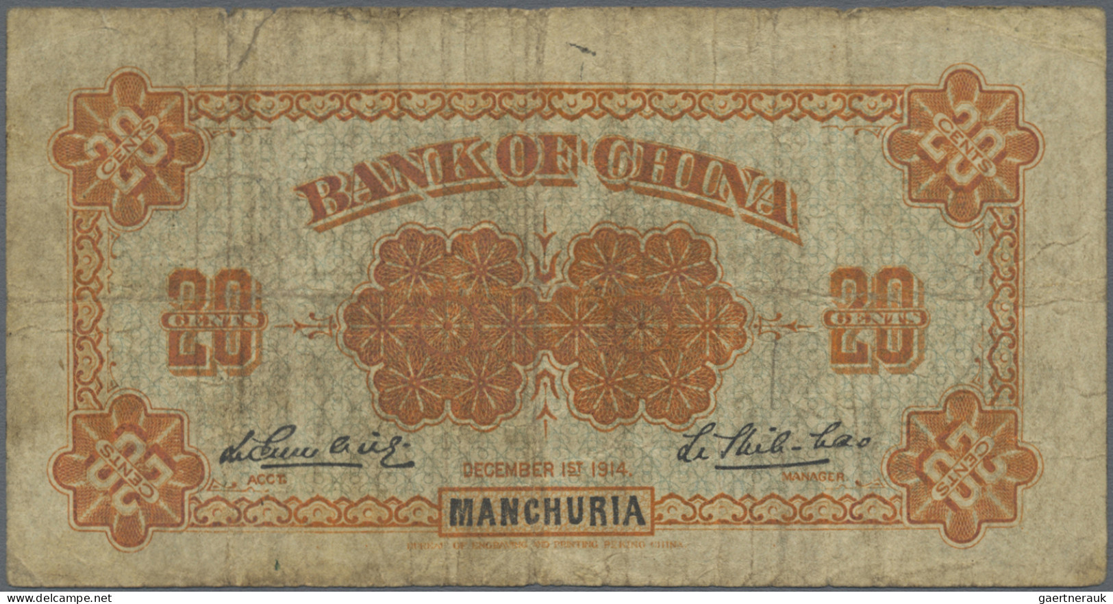 China: Bank Of China – MANCHURIA, 20 Cents 1914 With Signature At Right On Back: - Cina