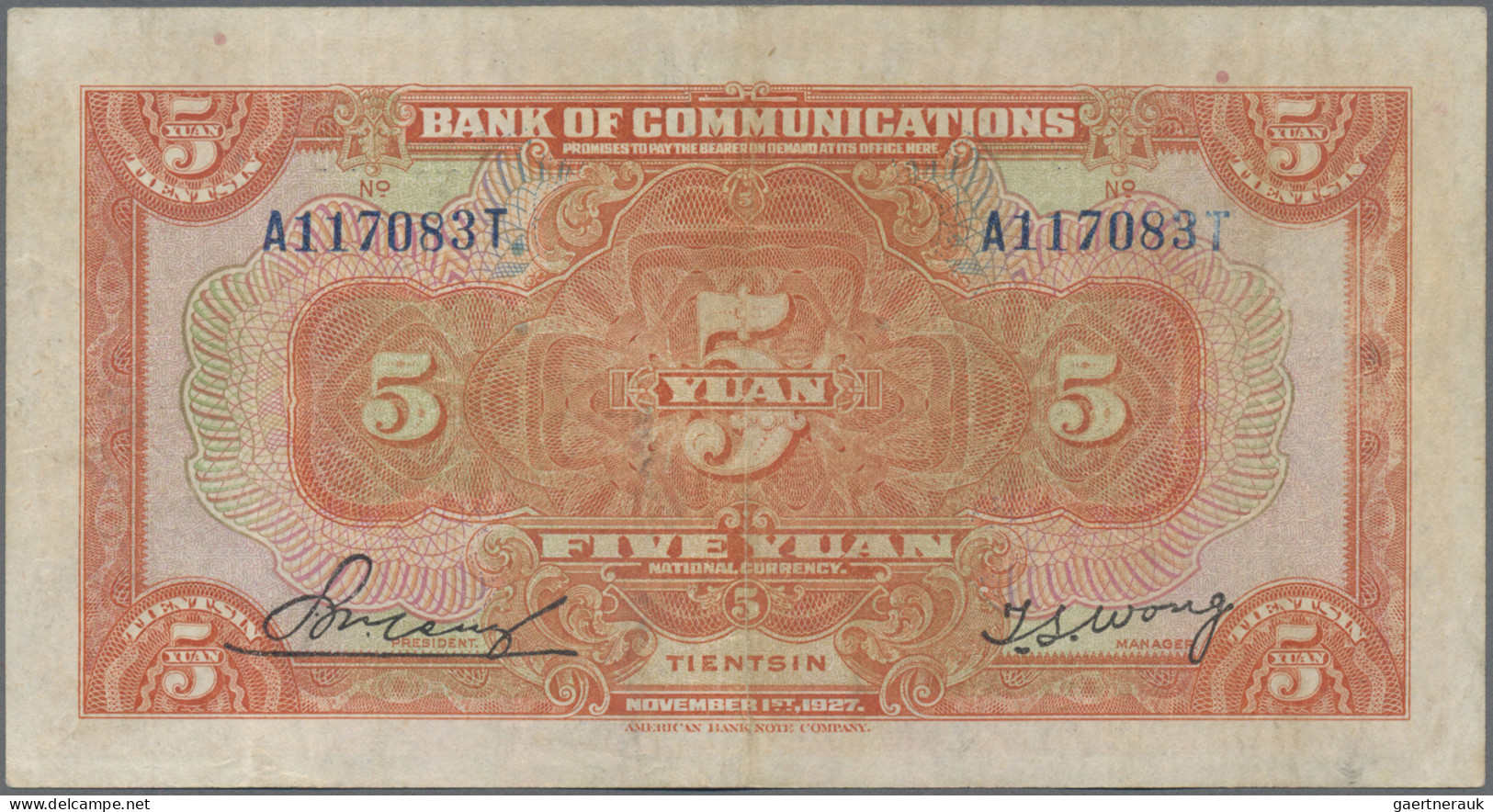China: 5 Yuan 1927 - Bank Of Communications, Place Of Issue TIENTSIN, 5 Yuan 192 - Chine