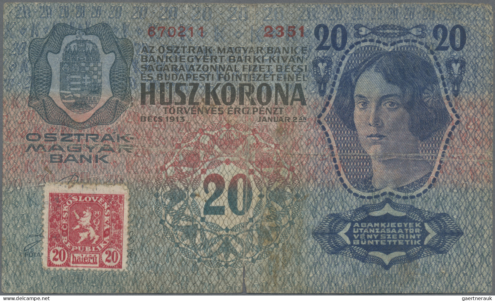 Czechoslovakia: Republika Československá, Lot With 3 Banknotes 1919 Stamp Issue, - Tsjechoslowakije