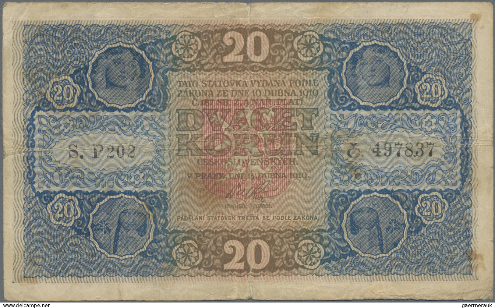 Czechoslovakia: REPUBLIKA ČESKOSLOVENSKÁ, Lot With 5 Banknotes, Series 1919, Wit - Tchécoslovaquie