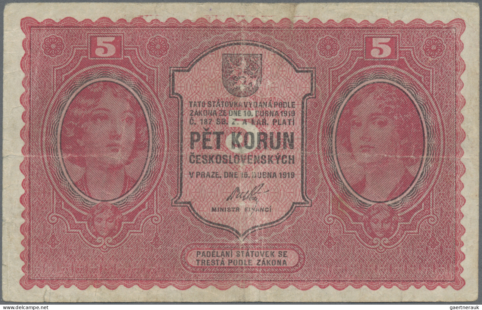 Czechoslovakia: REPUBLIKA ČESKOSLOVENSKÁ, Lot With 5 Banknotes, Series 1919, Wit - Tschechoslowakei