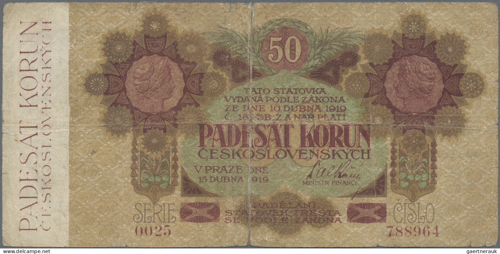 Czechoslovakia: REPUBLIKA ČESKOSLOVENSKÁ, 50 Korun 1919, P.10, Minor Margin Spli - Tschechoslowakei