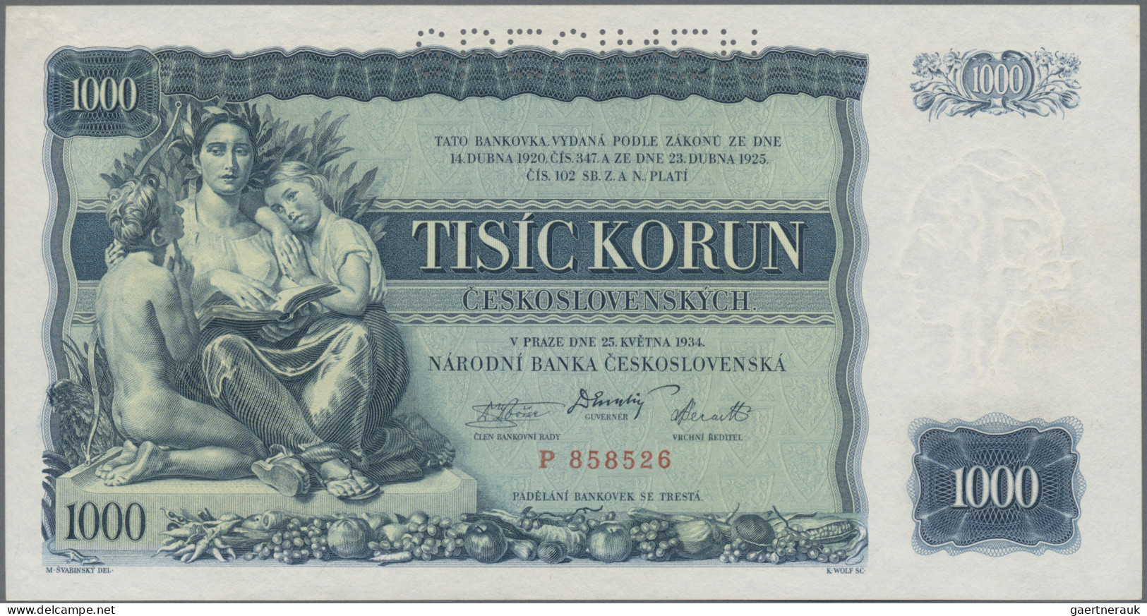 Czechoslovakia: Národní Banka Československá, 1.000 Korun 1934 SPECIMEN, P.26s, - Tsjechoslowakije