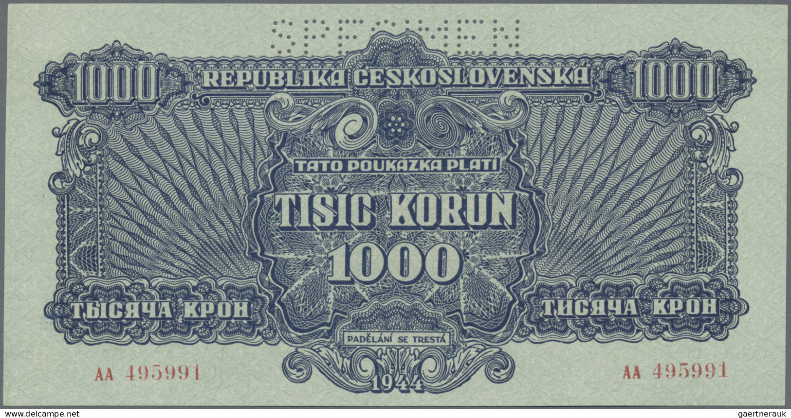 Czechoslovakia: Republika Československá, lot with 7 banknotes, 1944-1945 series