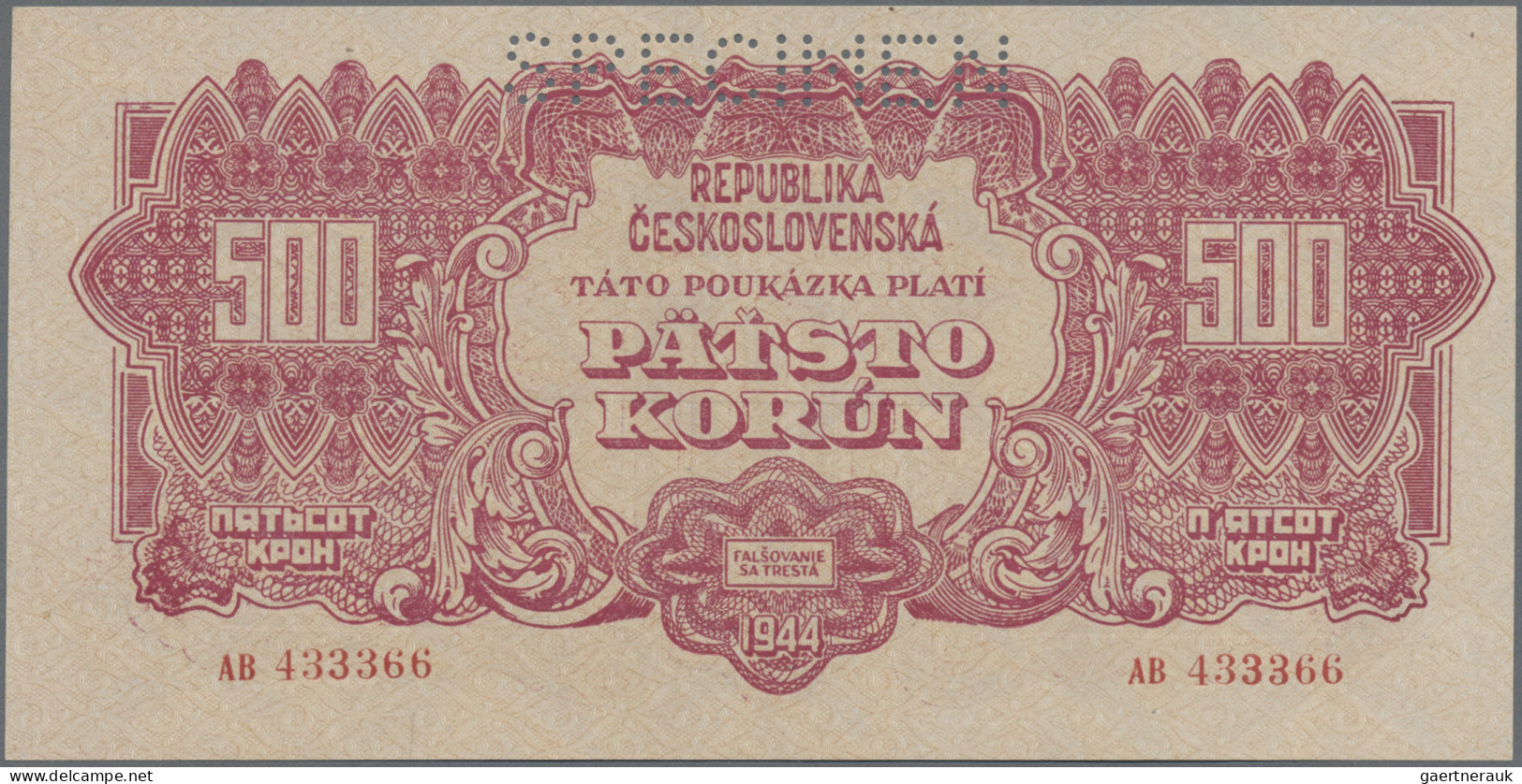 Czechoslovakia: Republika Československá, lot with 7 banknotes, 1944-1945 series