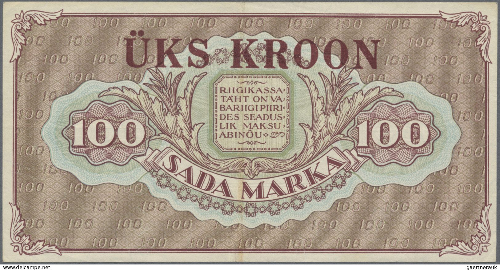 Estonia: Eesti Vabariigi Kassatäht, 1 Kroon Overprint On 100 Marka 1923 (1928), - Estonia