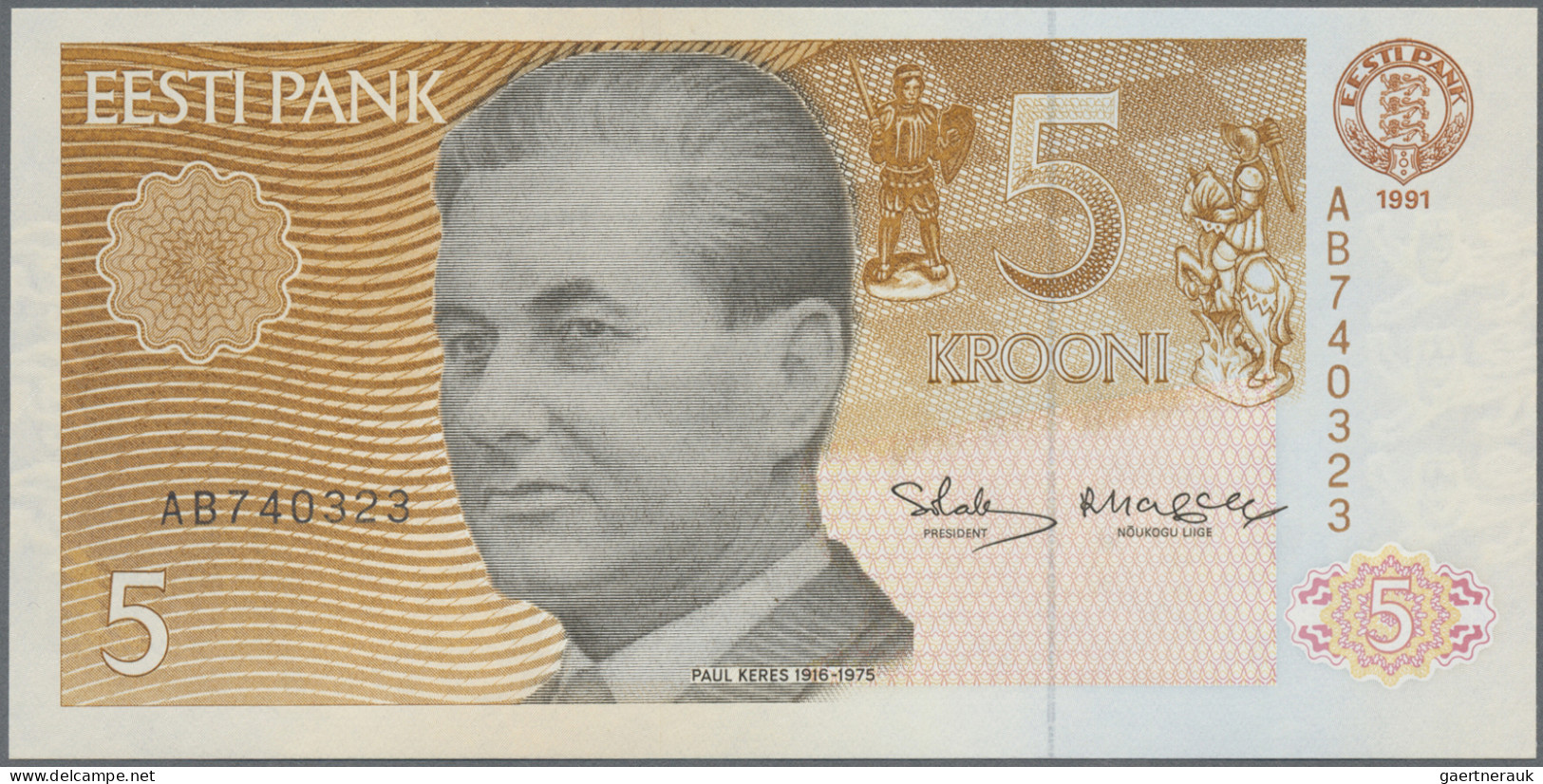 Estonia: Eesti Pank, set with 7 banknotes, series 1991-1992, with 1, 2, 5, 10, 2