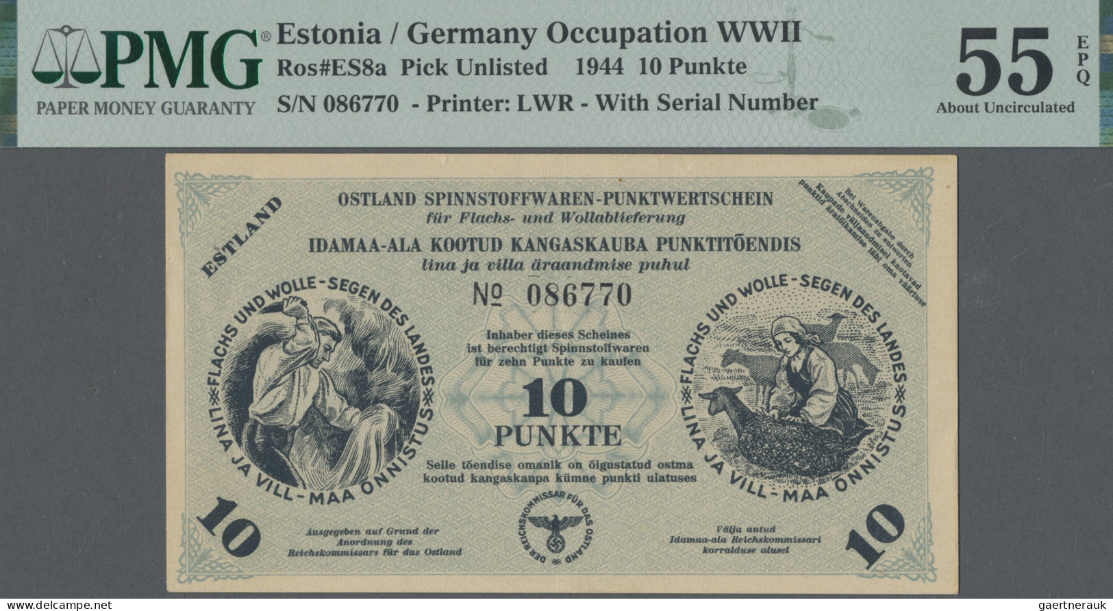 Estonia: Ostland Spinnstoffwaren-Punktwertschein, 10 Punkte 1944, P.NL (Ro.ES8a) - Estonie